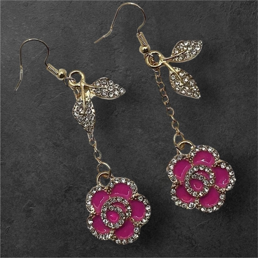 Hot Pink Rose Long Gold Tone Dangle Earrings with Crystal Stone Detail